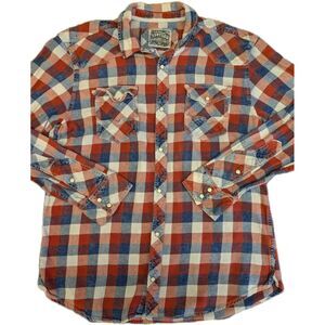 BKE Shirt Men's XL Pearl Snap Red Blue Plaid Standard Fit Vintage Western July
